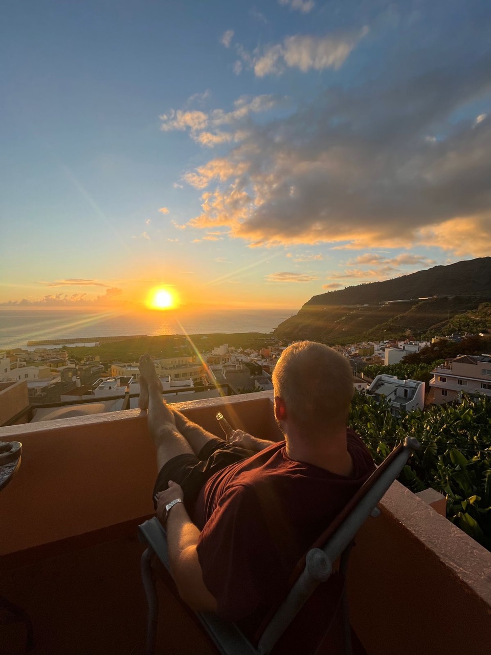 Sunset over Tazacorte and the sea seen from a terrace on La Palma